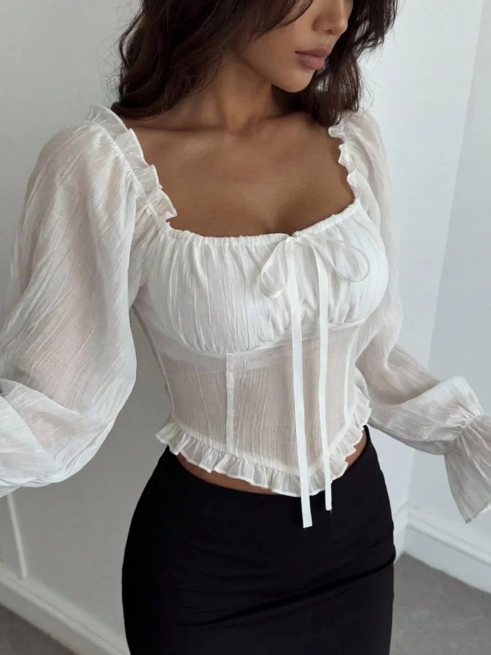 White Casual Women's Lace Slim Fit Blouse with Tie detail Long Sleeve Shirt top_9